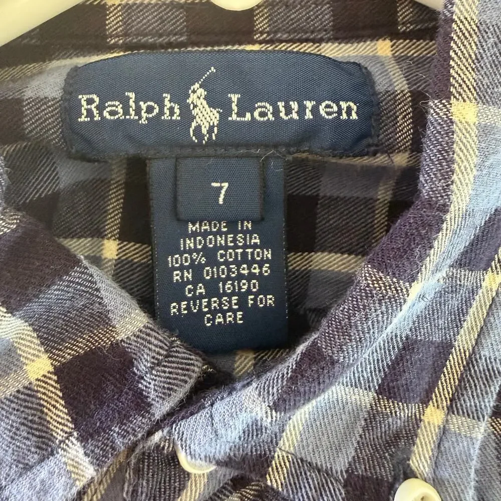 Ralph Lauren pony logo boys blue plaid button down sz 7 🐎🏇